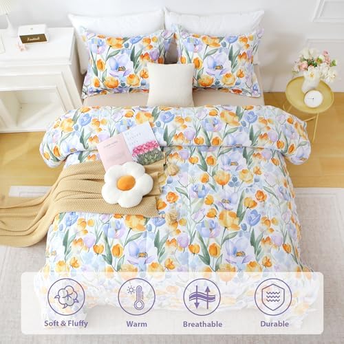 Mooreeke Floral Full Size Comforter Sets, Vintage Purple Orange Floral Patterned Bedding for All Seasons, 3-Piece Vintage Bed in a Bag with Fluffy Quilted Reversible Comforter & 2 Pillow Shams