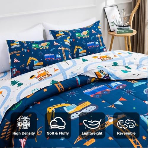 Holawakaka Boys Construction Truck Excavator Twin Comforter Set with Sheets