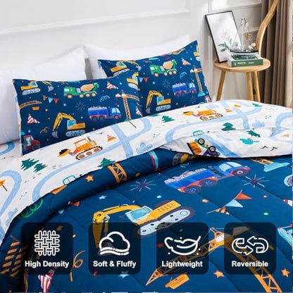 Holawakaka Boys Construction Truck Excavator Twin Comforter Set with Sheets