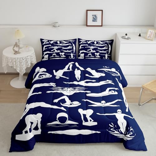 Homewish Swim Comforter Set King Size,Swimming Quilted Duvet 3Pcs for Kids Boys Teens Adult Room Decor,Swimmer Silhouette Print Bedding Sets Modern Navy Blue White Down Comforter,2 Pillowcases