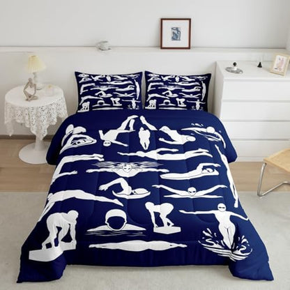 Homewish Swim Comforter Set King Size,Swimming Quilted Duvet 3Pcs for Kids Boys Teens Adult Room Decor,Swimmer Silhouette Print Bedding Sets Modern Navy Blue White Down Comforter,2 Pillowcases