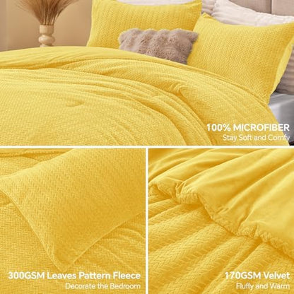 ChiXpace Fleece King Size Comforter Set Yellow, Fluffy Bed Set 3 Pieces