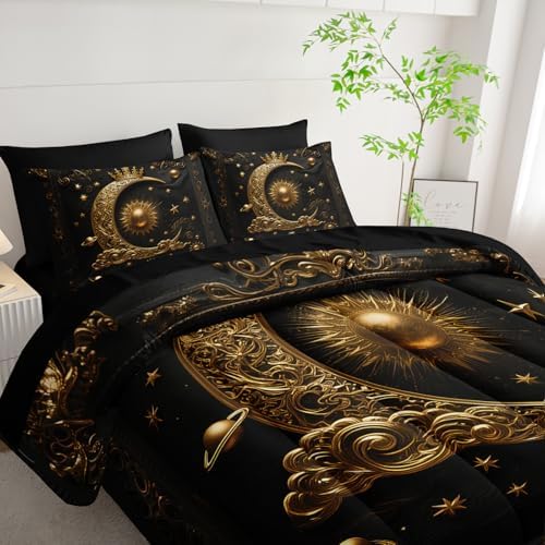 7 Piece Black and Gold Galaxy Comforter Set King Size，Sun and Moon Bedding Set King，(1 Comforter, 1 Flat Sheet, 1 Fitted Sheet, 2 Pillowcase and 2 Pillow Sham)，Astrology Bedroom Decor