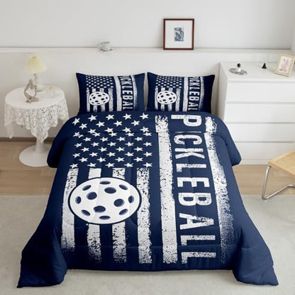 Feelyou Pickleball Bedding Set Boys Girls King Size American Flag Comforter Set for Kids Women Men Pickleball Themed Gifts Comforter Sports Game Duvet Set Ball Games Quilt Set
