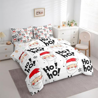 Erosebridal New Year 7 Pcs Comforter Set Twin, Santa Claus Bedding for Boys Girls, Hand Drawn Snowflakes Xmas Ho Bed in A Bag Sheet Set, Winter Cartoon Black Red Sunglasses Duvet Insert