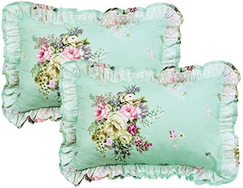 FADFAY Shabby Green Floral Bedding 100% Cotton Princess Lace Ruffle Girls Duvet Cover Set with Bedskirt, 4Pcs, Twin Size