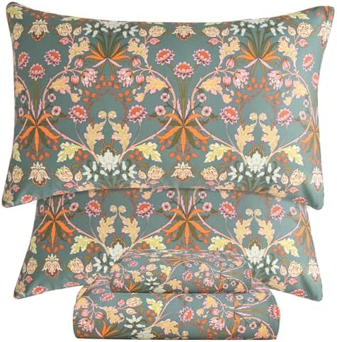 QSH Egyptian Cotton Floral Bed Sheets Queen Size,Luxury Silk Feel Paisley Botanical Pattern Printed Floral Sheets Sets Queen Extra Soft and Breathable 4pcs Deep Pockets Elegant Bedding Sheets