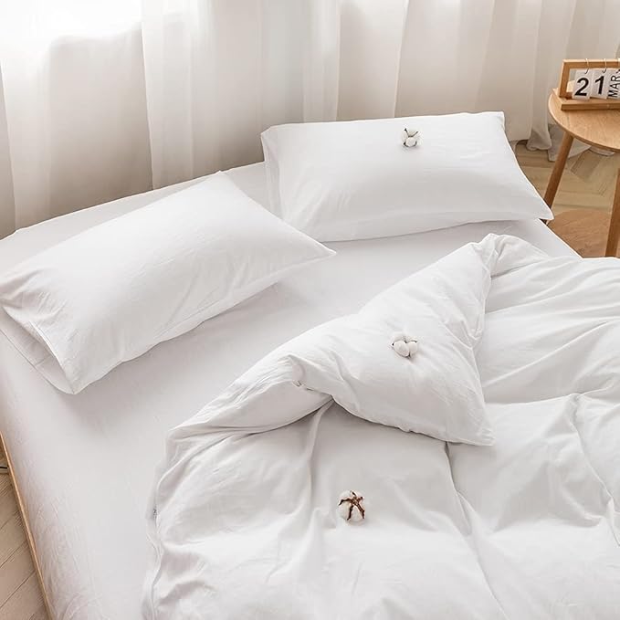 FACE TWO FACE Bedding Duvet Cover Set100% Washed Cotton Duvet Cover Linen Like Textured Breathable Durable Soft Comfy(California King, White)