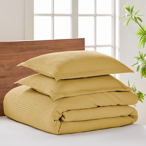 Levtex Home Cloud Waffle King/Cal King Comforter Set (106x94in) with 2 Pillow Shams (36x20in) - Solid Waffle Cotton Texture - Ochre - 100% Cotton King Size Comforter Set - Soft, Pre-Washed