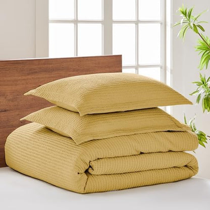 Levtex Home Cloud Waffle Twin/Twin XL Comforter Set (68x88in) with 1 Pillow Sham (26x20in) - Solid Waffle Cotton Texture - Ochre - 100% Cotton Twin Size Comforter Set - Soft, Pre-Washed