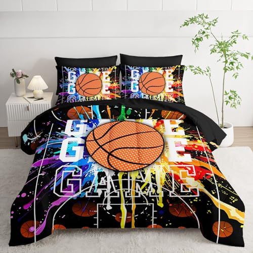 7Pcs Basketball Comforter Set Ball Sports Printed Bedding Set with 1 Comforter, 1 Flat Sheet, 1 Fitted Sheet and 4 Pillowcases for Boys and Girls Bedroom All Season(Basketball-3 Full