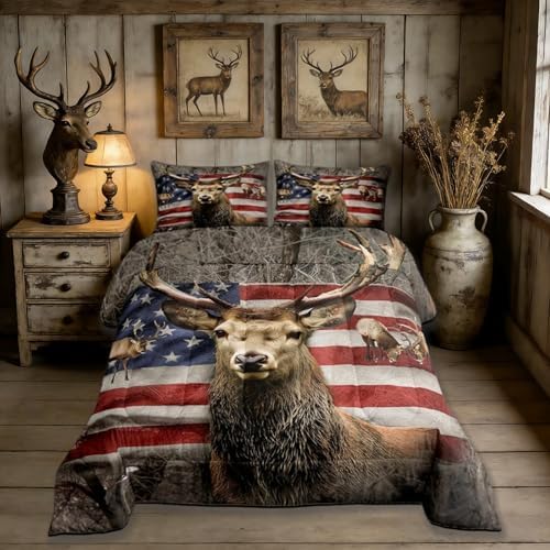 American Flag Deer Comforter Set Queen Size, Brown Wildlife Animal and Trees Theme Bedding Comforters for Children Adult, Colorful USA Flag Print Natural Polyester Duvet Set with 2 Pillowcases