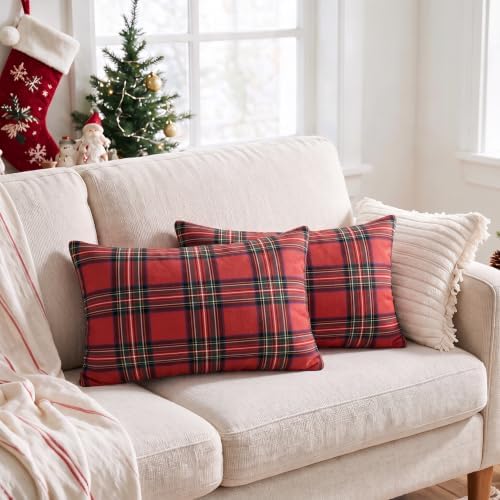 AVOIN colorlife Christmas Red Green Plaid Decorative Throw Pillow Covers, 12 x 20 Inch Holiday Scottish Tartan Cushion Case Farmhouse Decoration for Sofa Couch Set of 2