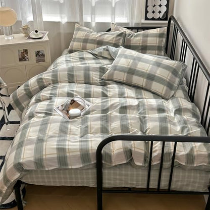 mixinni Twin XL Comforter Set Green Geometric Checkered Plaid Bedding Comforter Set Men Boys Modern Style All Season Soft Fluffy Lightweight Bedding Set-Twin XL Size