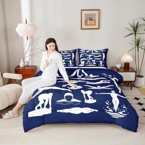 Homewish Swim Comforter Set King Size,Swimming Quilted Duvet 3Pcs for Kids Boys Teens Adult Room Decor,Swimmer Silhouette Print Bedding Sets Modern Navy Blue White Down Comforter,2 Pillowcases
