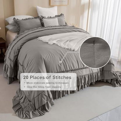 Masaca Grey Oversized King Comforter Set 128x120,Shabby Boho Chic Ruffle Bedding Comforter Extra Large King Size,French Country Rustic Farmhouse Bedding 3PCS (1 Ruffled Comforter+2 Pillow Shams)