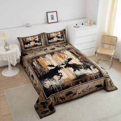 Feelyou Cute Moose Comforter Set for Girls Boys Kids Full Size Wildlife Decor Comforter Room Decorative Rustic Cabin Country Bedding Set Nature Wild Duvet Set 3Pcs Quilt Set