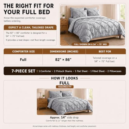 HIMEET Full Size Comforter Set Light Grey - 7 Pieces Pintuck Bed in a Bag