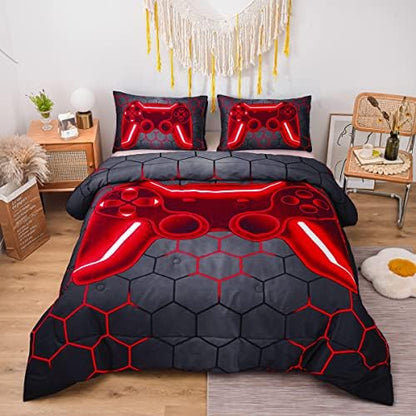NTBED Game Console Comforter Set for Boys Girls Kids 3D Gaming Geometric Lightweight Microfiber Bedding Sets (Red, Queen 5Pcs)