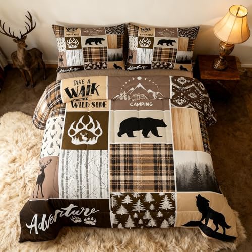 Rustic Farmhouse Kids Comforter Set King Size,Deer Antlers Bear Paws Plaids Patchwork Bedding Set for Boys Girls Adults Room Decor,Pine Trees Xmas Down Comforter,Brown Duvet Insert,2 Pillowcases