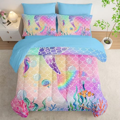 7Pcs Mermaid Tail Comforter Set Pink Scales Printed Bedding Set with 1 Comforter, 1 Flat Sheet, 1 Fitted Sheet and 4 Pillowcases for Boys and Girls Bedroom All Season(Full)