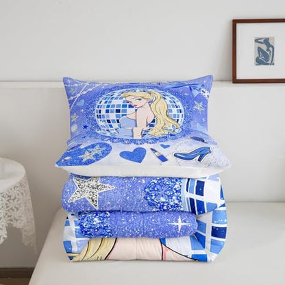 Princess Girly Kids Comforter Set Full Size,Bowknot High-heeled Shoes Lip Dreamy Bedding Set,Girls Women Room Decor,Glitter Sequin Star Diamond Down Comforter,Blue Noble Duvet Insert,2 Pillowcases