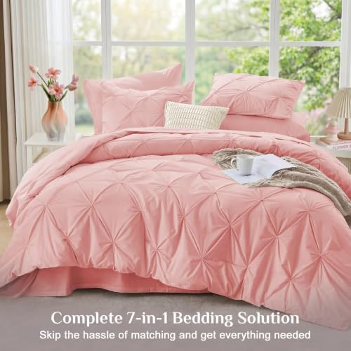 JOLLYVOGUE California King Comforter Set 7 Pieces - Bed in a Bag Cal King for All Season, Pintuck Bedding Comforter Sets with Comforter, Flat Sheet, Fitted Sheet and Pillowcases & Shams, Pink