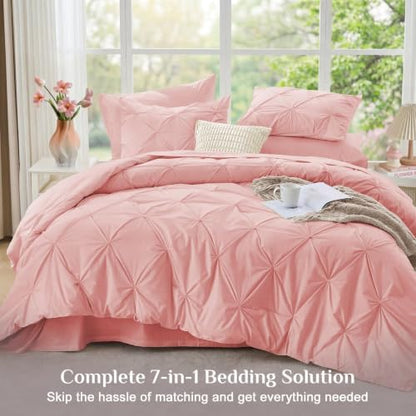 JOLLYVOGUE California King Comforter Set 7 Pieces - Bed in a Bag Cal King for All Season, Pintuck Bedding Comforter Sets with Comforter, Flat Sheet, Fitted Sheet and Pillowcases & Shams, Pink
