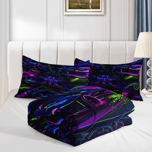 AILONEN Full Comforter Set 3 Piece, Electric Motorsport Graphic Futuristic Speed Scene, Smooth Microfiber Down Alternative Quilt with 2 Pillowcases for Studio Bedroom