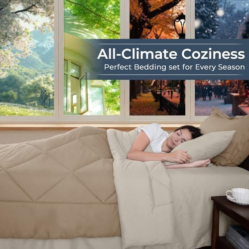 HEVUMYI 7-Piece California King Comforter Set, Khaki & Linen Bed in a Bag