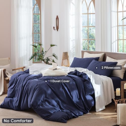 MooMee Striped Duvet Cover Set 100% Washed Cotton Linen Like King