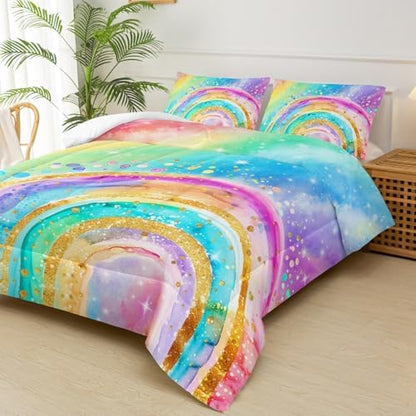 Cute Rainbow Twin Comforter Set for Girls，Pastel Tie Dye Rainbow Twin Bedding Set Kids，Galaxy Kids Bed Comforter Sets