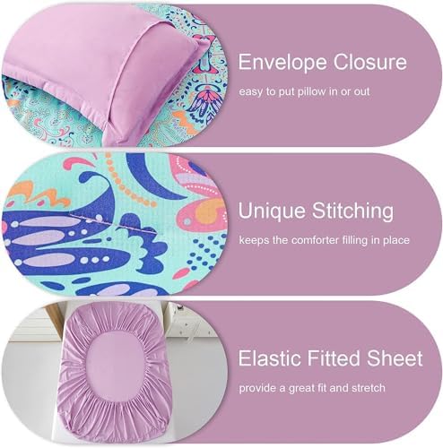 DHSFKBE Twin Comforter Set, 5 Piece Bed in a Bag, Boho Aqua and Lilac Damask Medallion Print Comforter with Sheets, Soft Microfiber Complete Bedding Set for All Season (Aqua, Twin)