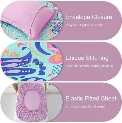 DHSFKBE Twin Comforter Set, 5 Piece Bed in a Bag, Boho Aqua and Lilac Damask Medallion Print Comforter with Sheets, Soft Microfiber Complete Bedding Set for All Season (Aqua, Twin)