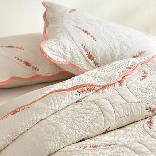 MarCielo 3Pcs Cotton French Country Quilt Bedspread Set Floral Embroidery TC151