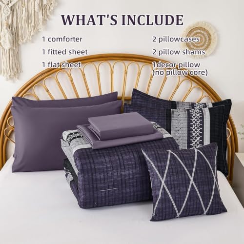Dintszyayue Purple Cal King Comforter Size Set, 8 Pieces Boho Striped Texture Bed in a Bag Sets, Lightweight Soft Bohemian Comforter and Sheet Set, All Season Microfiber Bedding Sets for Men Women