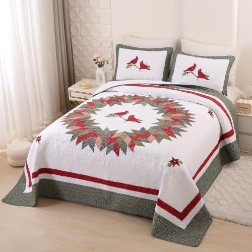 vctops 3 Pieces Christmas Cotton Quilted Quilt Set (Birds,Oversize Queen)