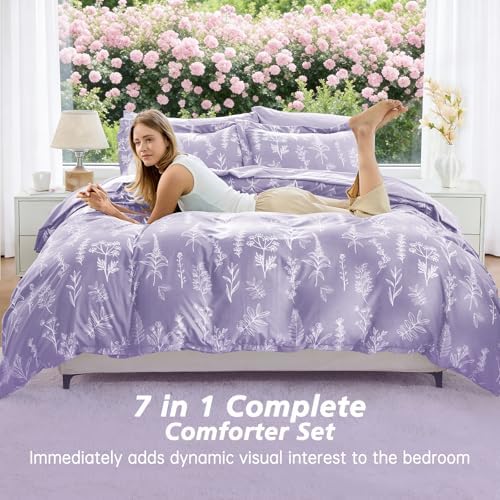 MUXHOMO Lavender Twin Comforter Set, Elegant Floral Print Bed in a Bag 5 Pieces, Ultra Soft & Breathable Reversible Botanical Pattern Bedding Set with Comforter, Sheets, Pillowcase, and Sham