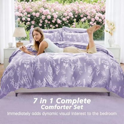 MUXHOMO Lavender Twin Comforter Set, Elegant Floral Print Bed in a Bag 5 Pieces, Ultra Soft & Breathable Reversible Botanical Pattern Bedding Set with Comforter, Sheets, Pillowcase, and Sham
