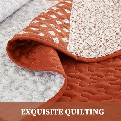 WONGS BEDDING Boho Quilt Set King Size, Stripe Bedspread Sets, Burnt Orange