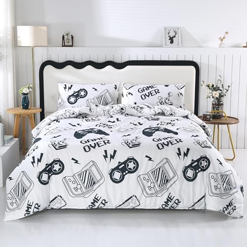 SDIII 3PCS White Gaming Comforter Set Twin, Soft Microfiber Lightweight Gamer Comforter Sets for Boys Girls Kids Teens, Video Game Bedding Quilt Twin