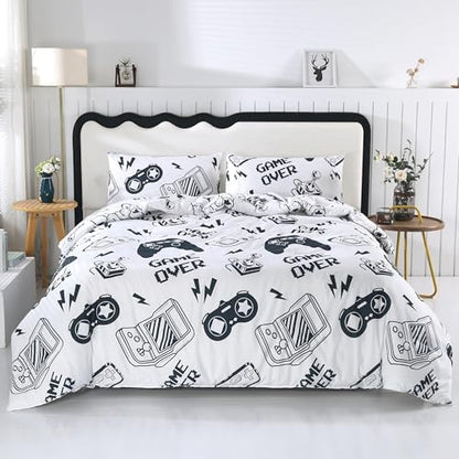 SDIII 3PCS White Gaming Comforter Set Twin, Soft Microfiber Lightweight Gamer Comforter Sets for Boys Girls Kids Teens, Video Game Bedding Quilt Twin