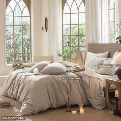 MooMee Wavy Striped Duvet Cover Set 100% Washed Cotton Linen Like Textured Breathable Durable Soft Comfy (Beige, King 104"x90")