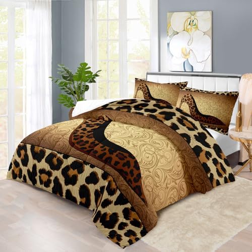 Leopard Comforter Set Twin Girls,Sexy High Heel Comforter for Women,Leopard Print Bedding Set Twin Adult,High Heel Quilt Bedroom Decor,African Animal Print Bedding Quilt