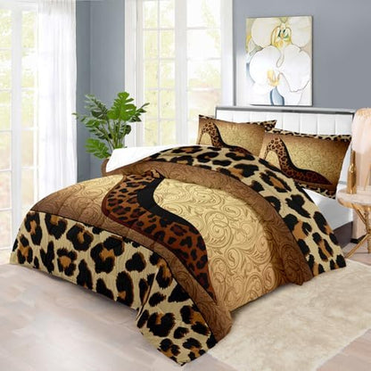 Leopard Comforter Set Twin Girls,Sexy High Heel Comforter for Women,Leopard Print Bedding Set Twin Adult,High Heel Quilt Bedroom Decor,African Animal Print Bedding Quilt