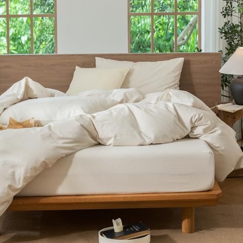 MooMee Striped Duvet Cover Set 100% Washed Cotton Linen Like