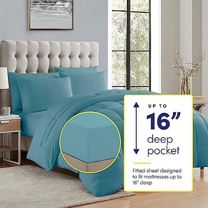 King Size Comforter Set with Sheets - 7-Piece Bedding Collection - 1 Comforter, 1 Fitted Sheet, 1 Flat, 4 Pillowcases - Deep Pocket - Soft & Premium Quality - Ideal for All Seasons, Misty Blue
