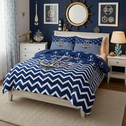 Nautical Anchor Comforter Set King Size Navy Blue White Geometric Stripes Bedding Set 3Pcs Kids Boys Teens Room Decor Abstract Ocean Waves Quilt Set Sea Adventure Duvet Insert,2 Pillowcases