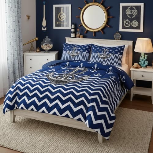 Nautical Anchor Comforter Set Queen Size Navy Blue White Geometric Stripes Bedding Set 3Pcs Kids Boys Teens Room Decor Abstract Ocean Waves Quilt Set Sea Adventure Duvet Insert,2 Pillowcases