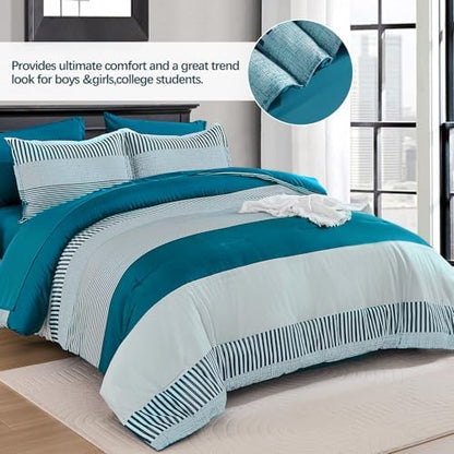 Cottolester Comforter Set Queen Size,Teal Green Striped Comforter for Teen
